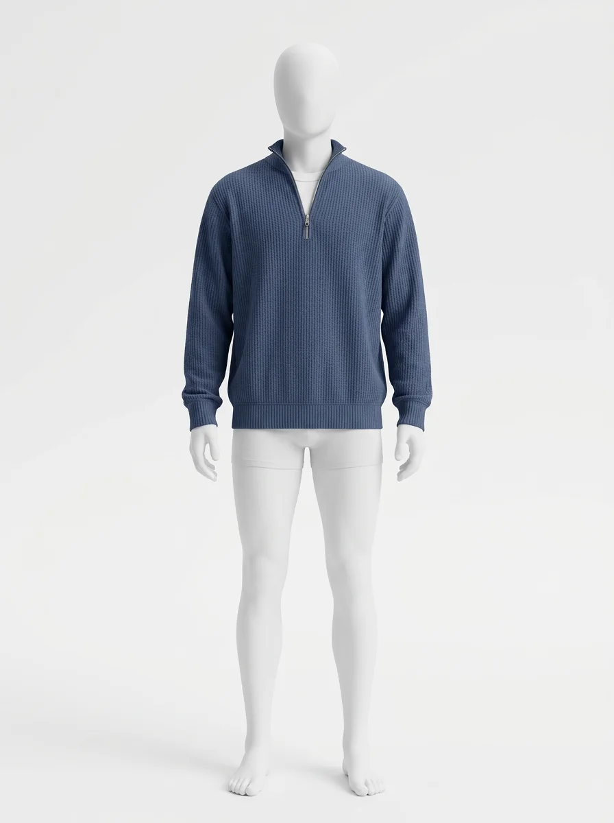Pull col zippé maille gaufrée décontracté vintage homme - Vue 1 - Pull col zippé