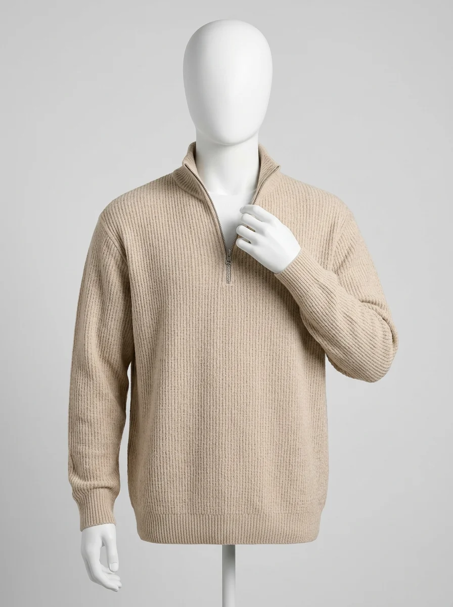Pull col zippé maille gaufrée décontracté vintage homme - Vue 10 - Pull col zippé
