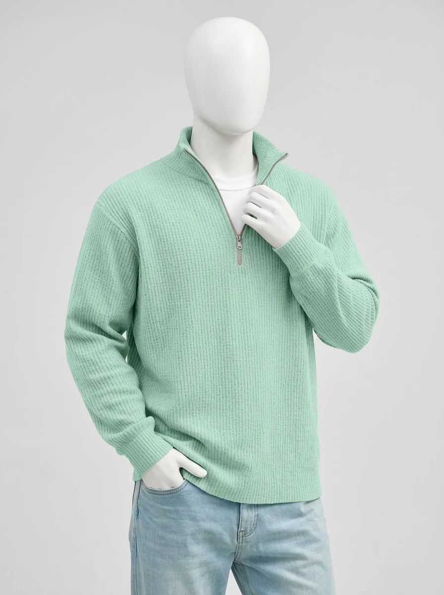Pull col zippé maille gaufrée décontracté vintage homme - Vue 11 - Pull col zippé