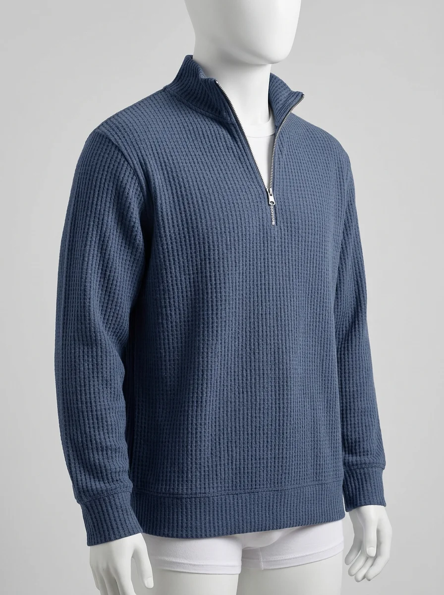 Pull col zippé maille gaufrée décontracté vintage homme - Vue 3 - Pull col zippé