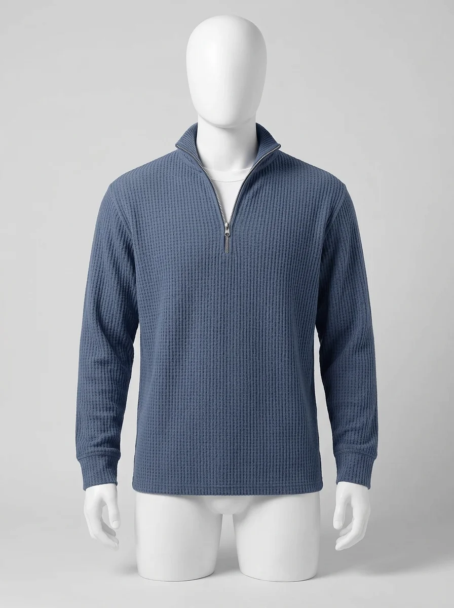 Pull col zippé maille gaufrée décontracté vintage homme - Vue 5 - Pull col zippé