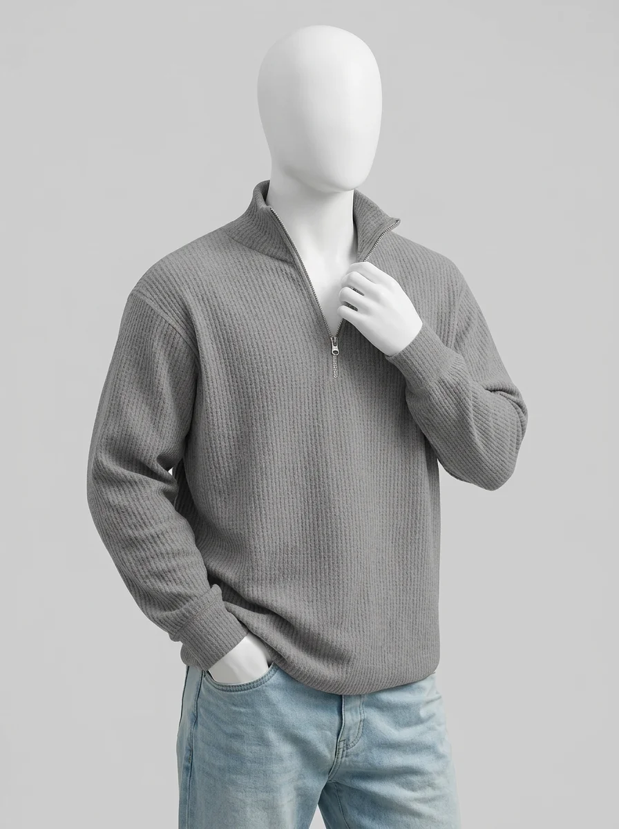 Pull col zippé maille gaufrée décontracté vintage homme - Vue 7 - Pull col zippé