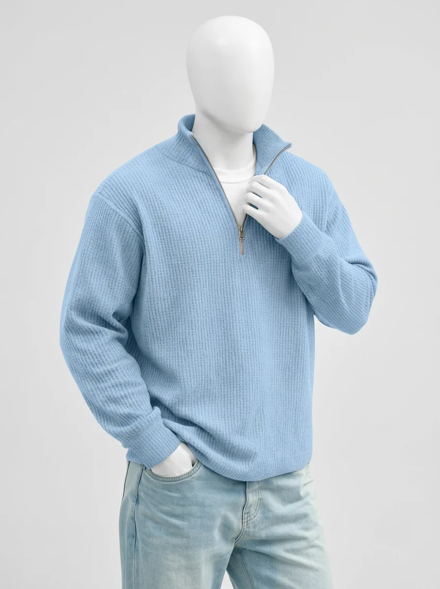 Pull col zippé maille gaufrée décontracté vintage homme - Vue 8 - Pull col zippé