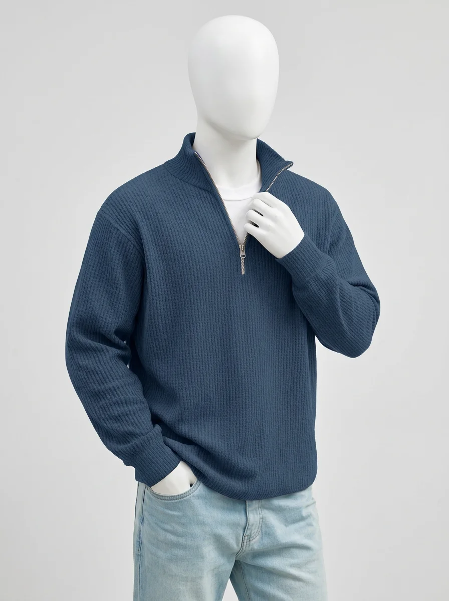 Pull col zippé maille gaufrée décontracté vintage homme - Vue 9 - Pull col zippé